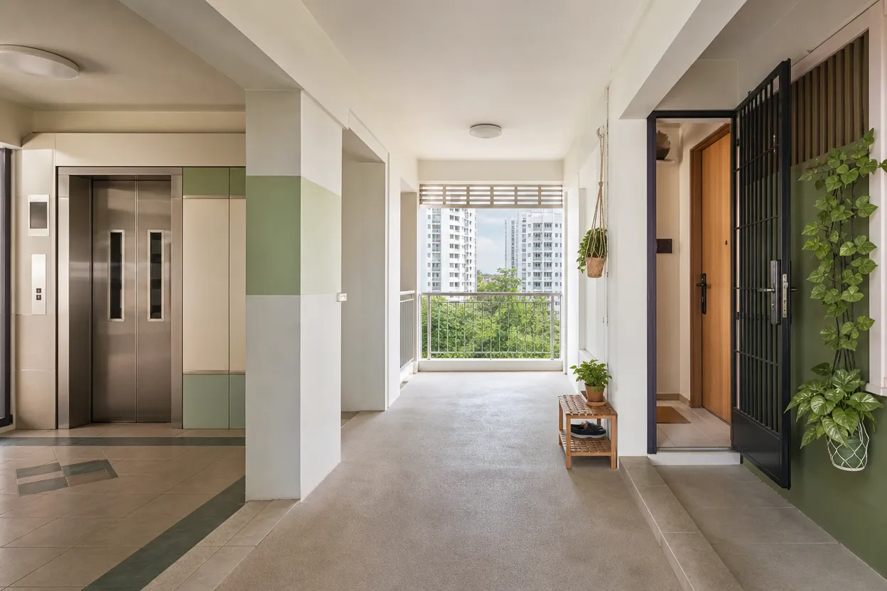 Singapore HDB entrance route showing a lift lobby, corridor and apartment doorway
