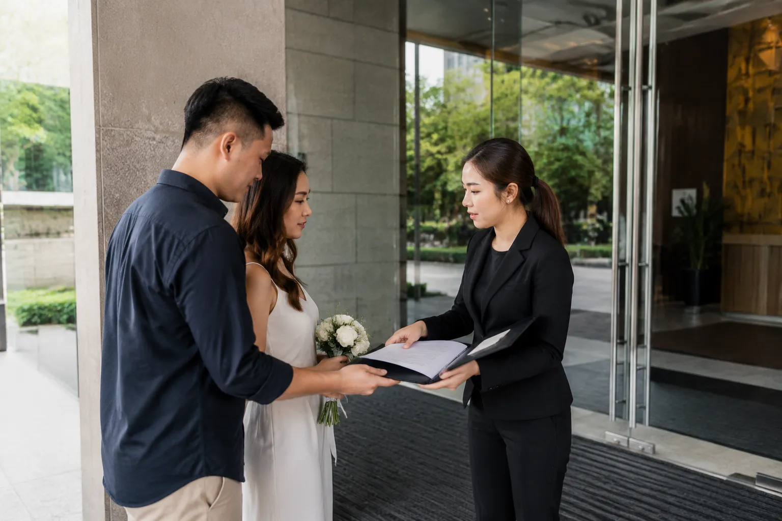 Solemnisation arrival handoff with venue access and document folder planning
