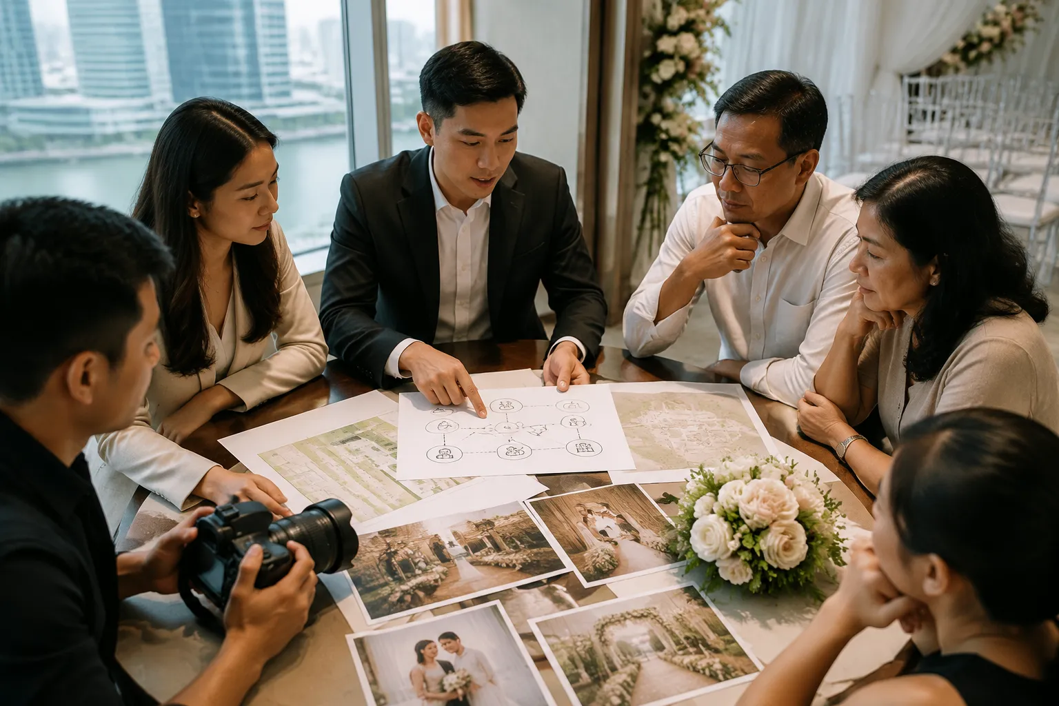 Wedding day handoff plan connecting solemniser, witnesses, venue, and family contacts