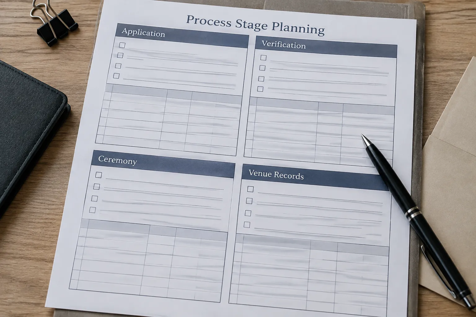 Process-stage planning sheet separating application, verification, ceremony and venue records