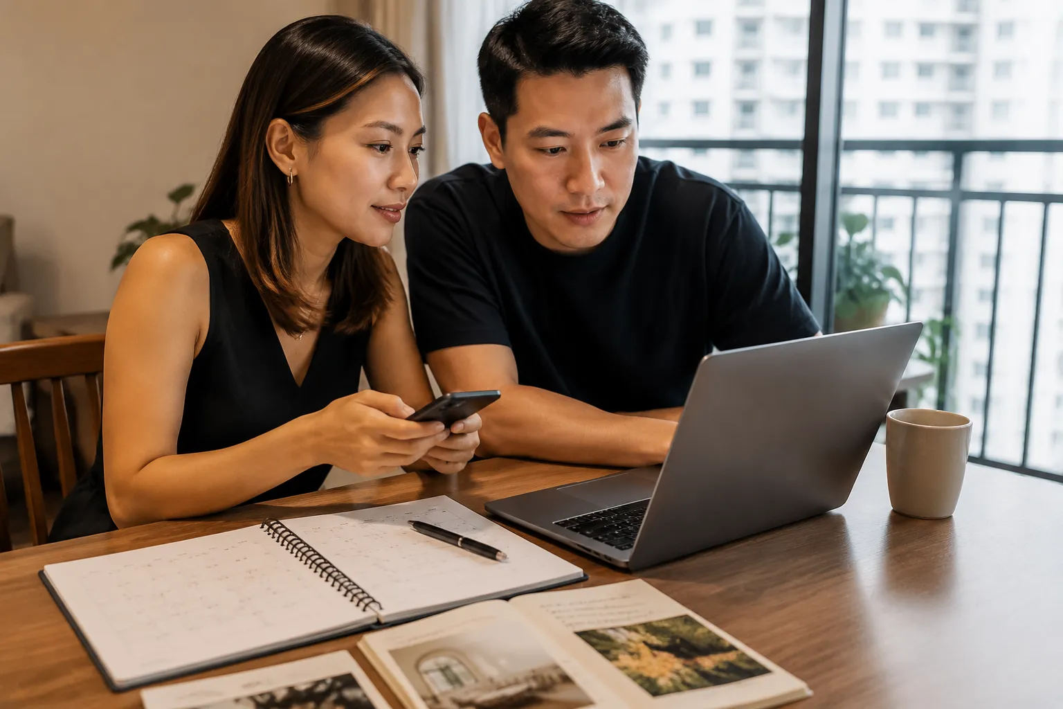 Couple composing a concise solemniser invitation message with date, time and venue details