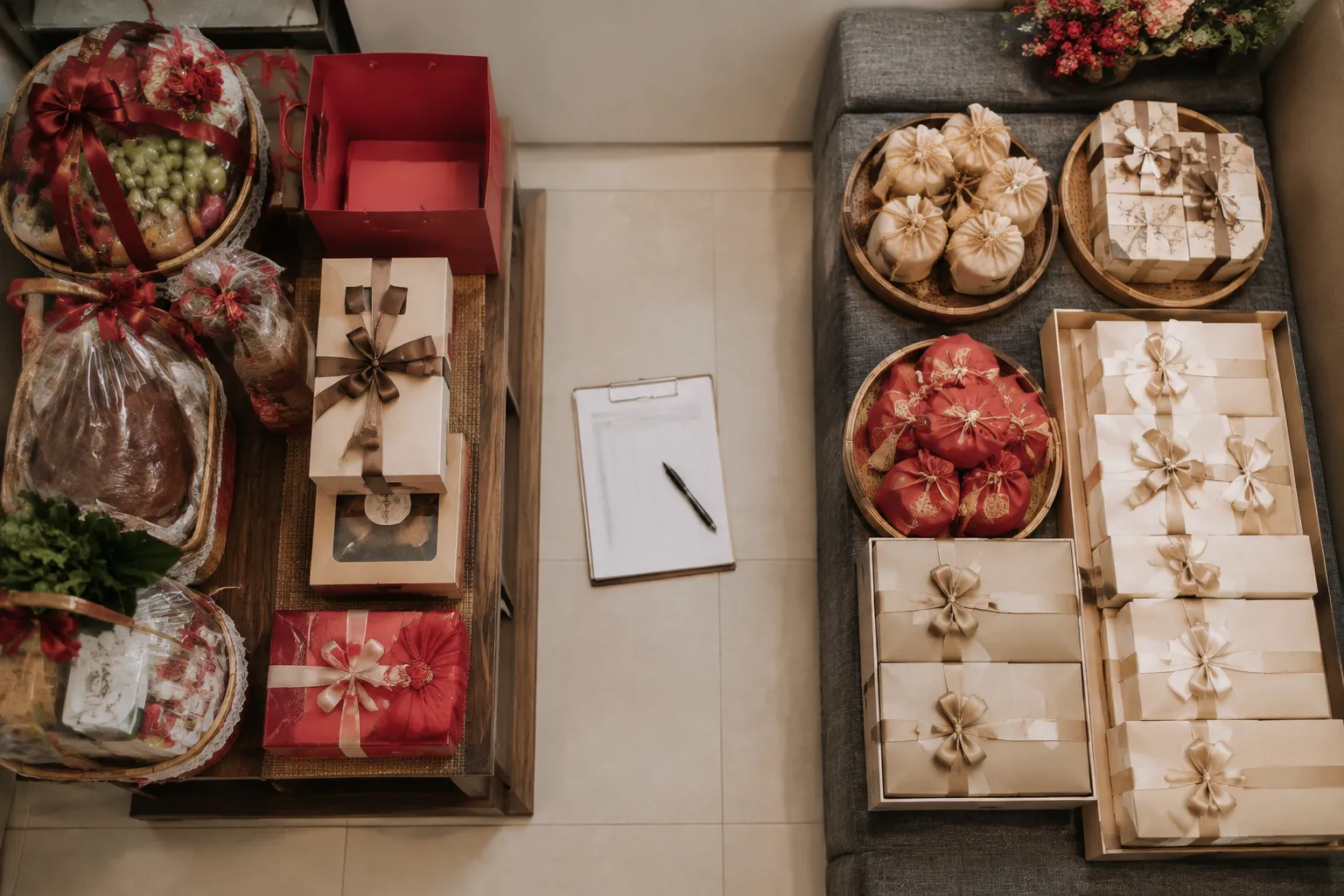Separate receiving and Hui Li return staging areas with labelled gift groups and a printed register
