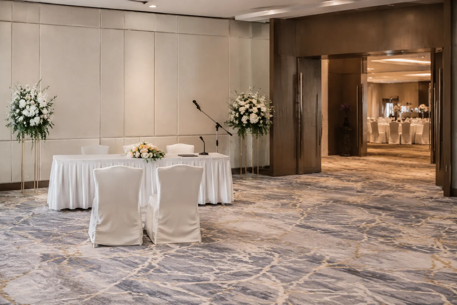 Singapore hotel function room prepared for a civil solemnisation before a wedding banquet