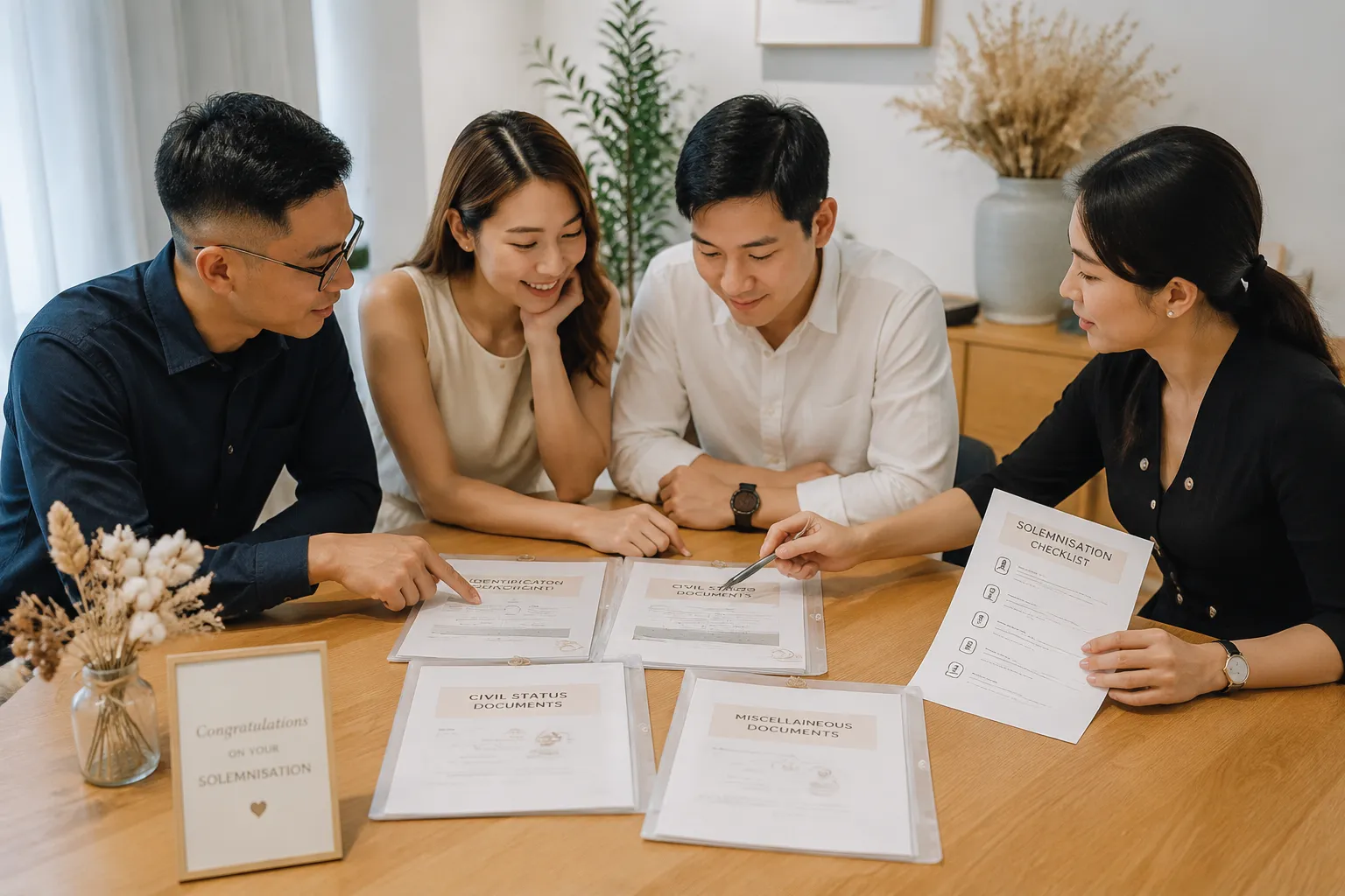 Couple and witnesses reviewing separate solemnisation document categories