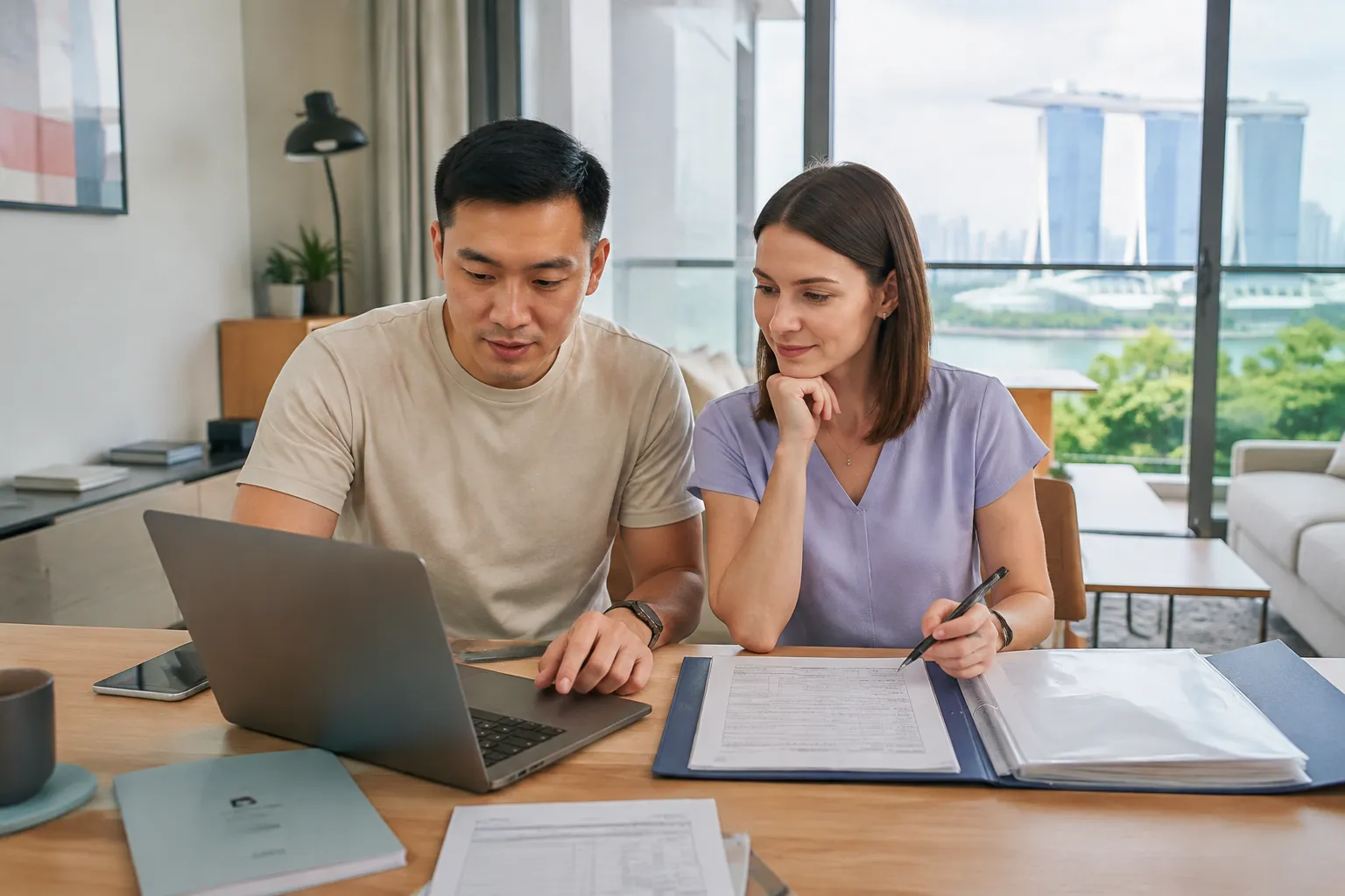 Couple reviewing foreign-spouse identity and immigration questions with a planning contact